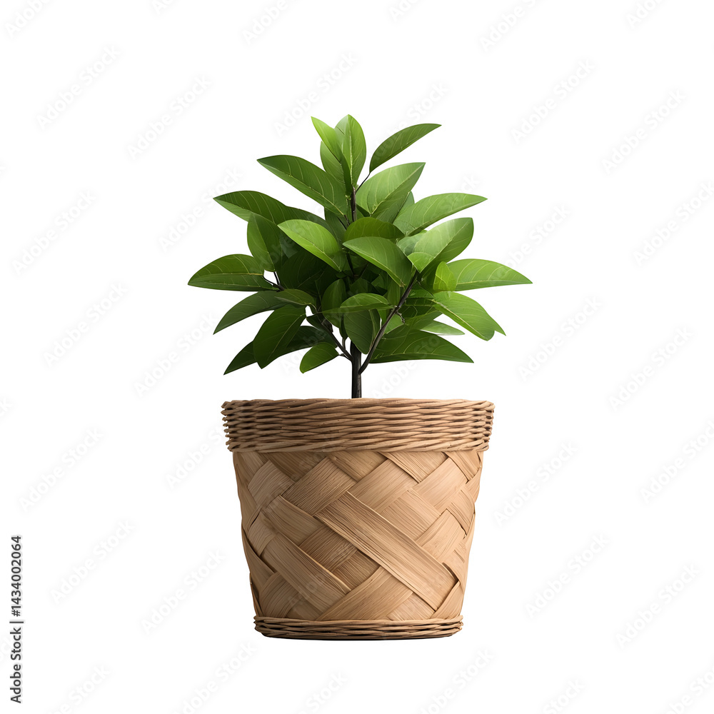 Obraz premium Potted plant in woven rattan basket