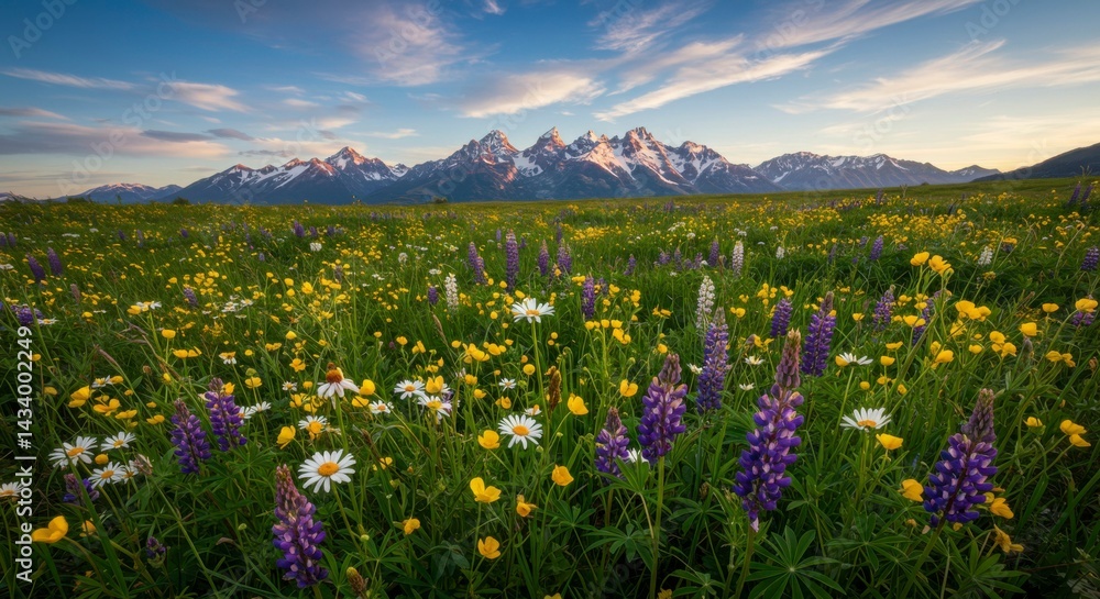 Fototapeta premium Wildflowers blanket mountain valley at dawn