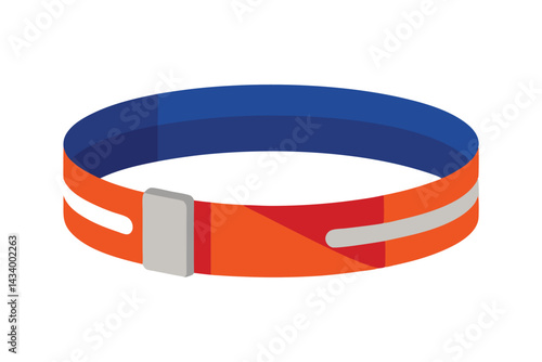 Stylized illustration of a blue and orange collar with a silver clasp