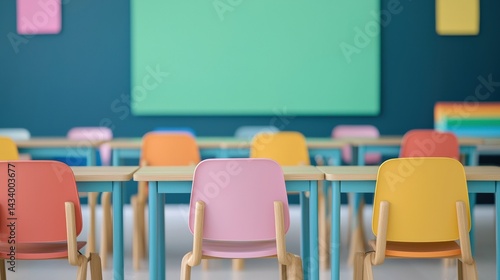 Colorful chairs and tables await students in modern classroom