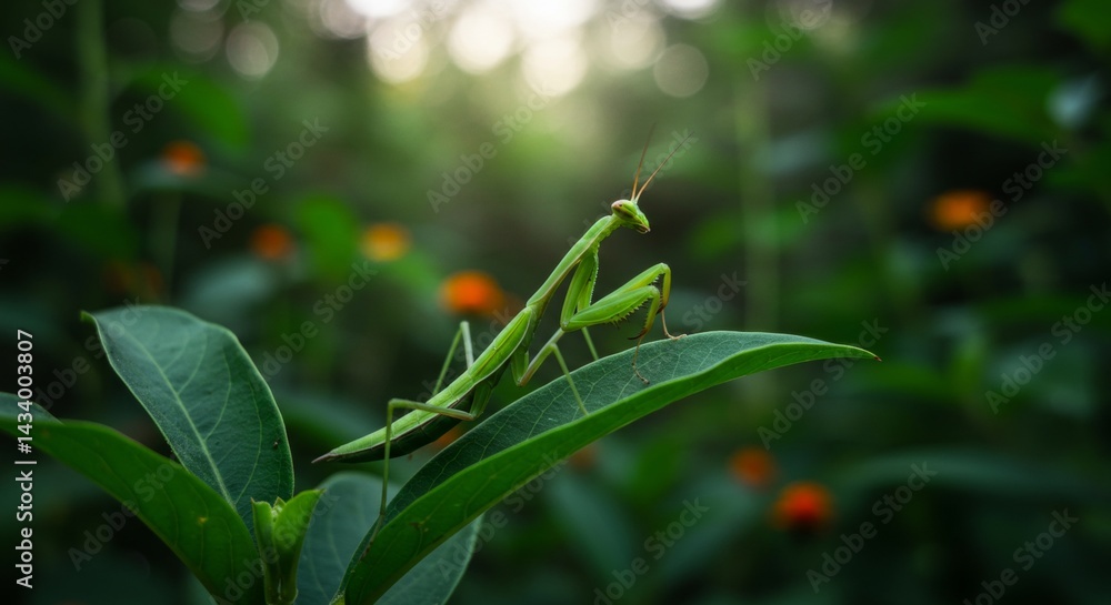 Vibrant Praying Mantis Posing on Lush Green Foliage in the Forest Vibrant Praying Mantis Posing on Lush Green Foliage in the Forest
