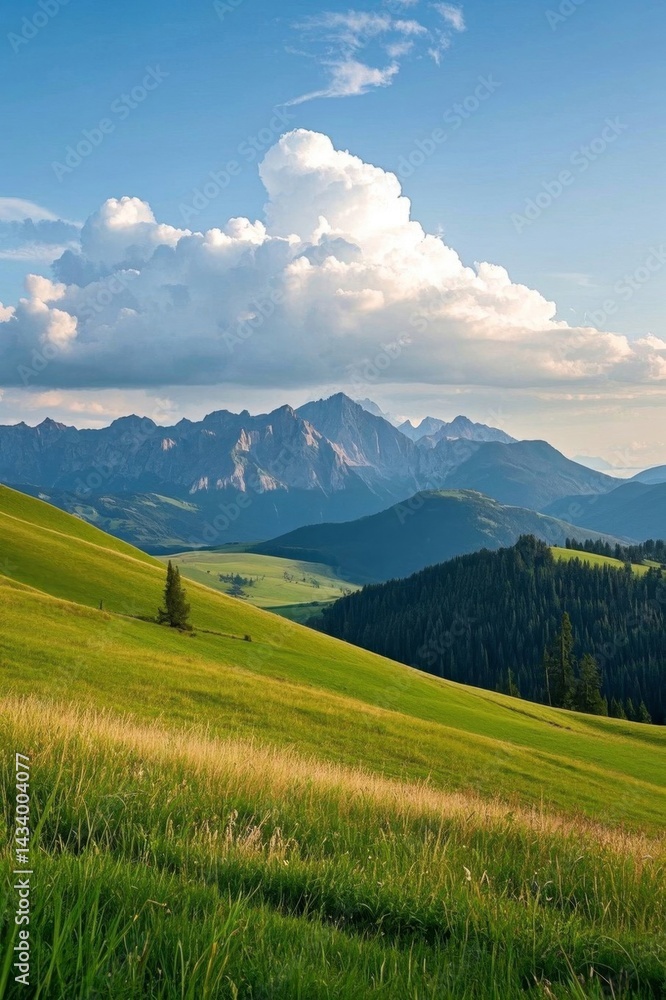 Obraz premium grassy field with mountains in the distance and a few clouds in the sky