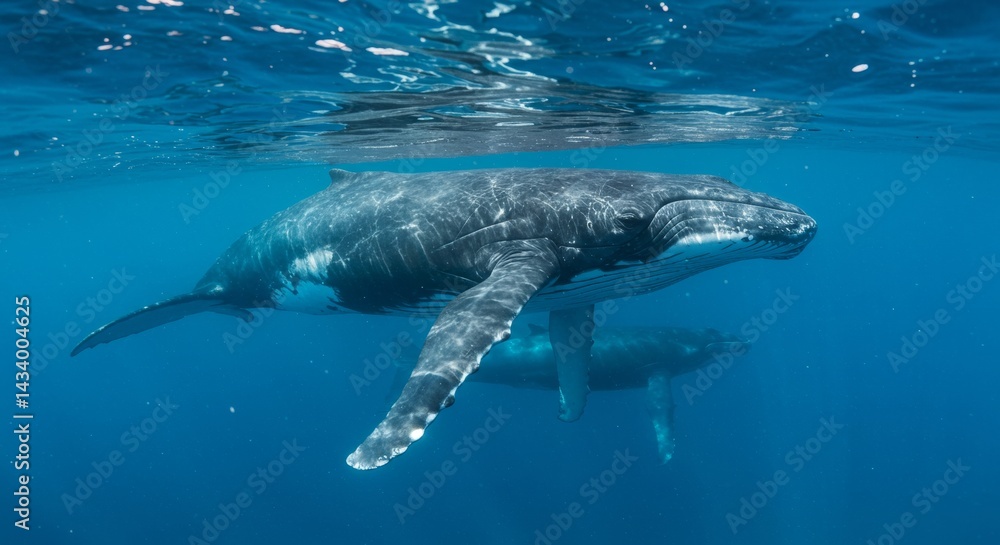 Obraz premium Gentle giants humpback whales majestically cruise deep azure ocean habitat