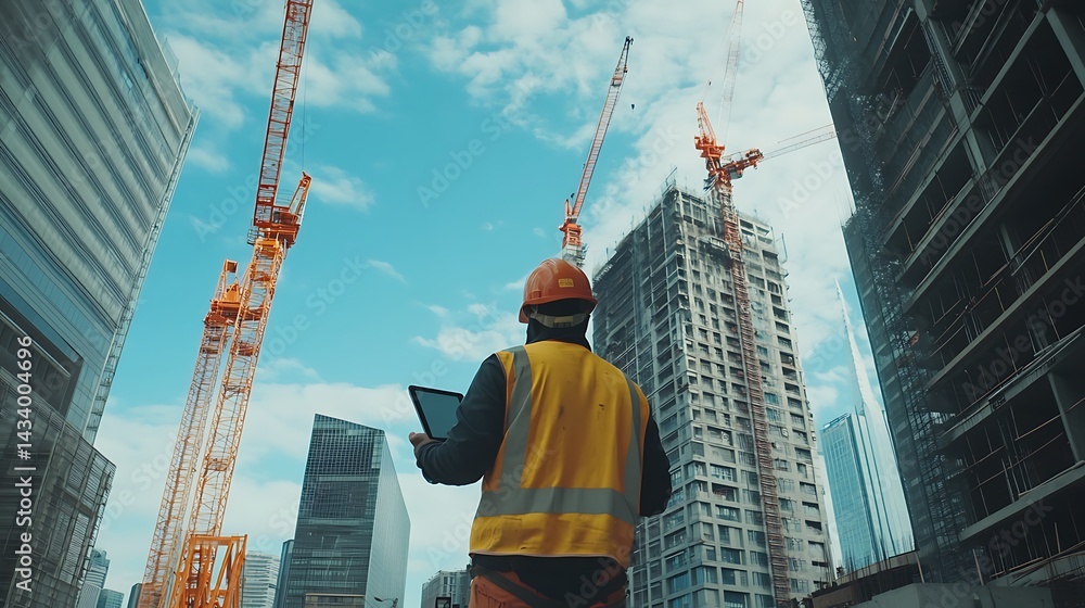 Construction Worker Using Tablet at Site