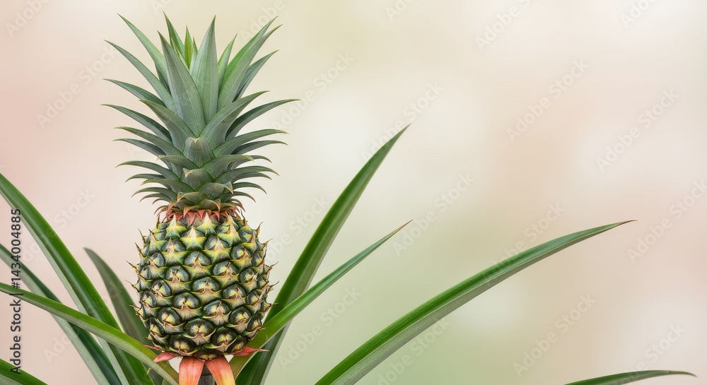 A vibrant pineapple plant featuring lush green leaves and a textured fruit stands out against a soft, blurred background A vibrant pineapple plant featuring lush green leaves and a textured fruit stands out against a soft, blurred background