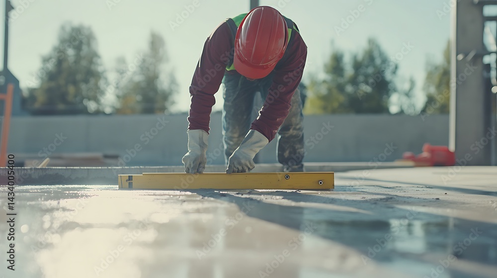 Construction Worker Using Level Tool on Concrete Surface