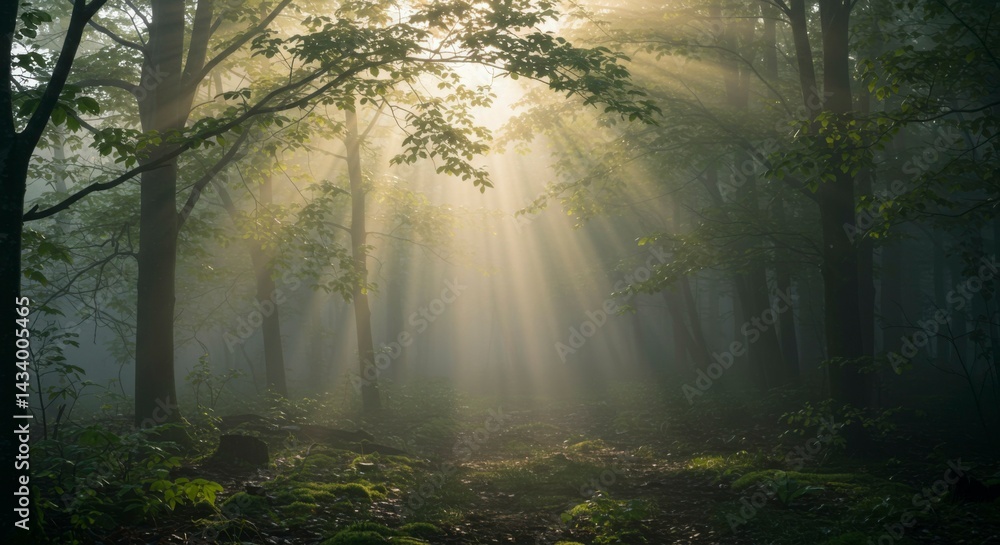 Obraz premium Sunlight beams through misty forest