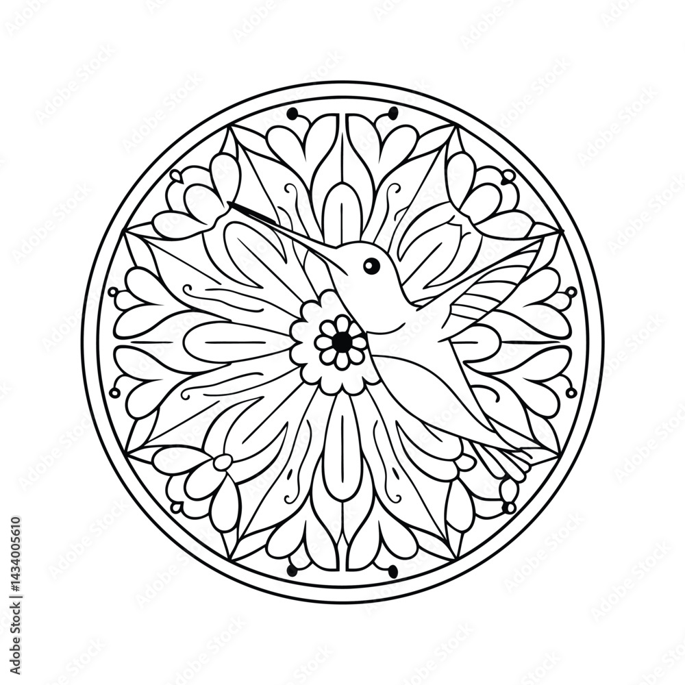 Obraz premium Hummingbird mandala decorative circle black and white outline design stylized circular pattern beautiful bird illustration floral elements
