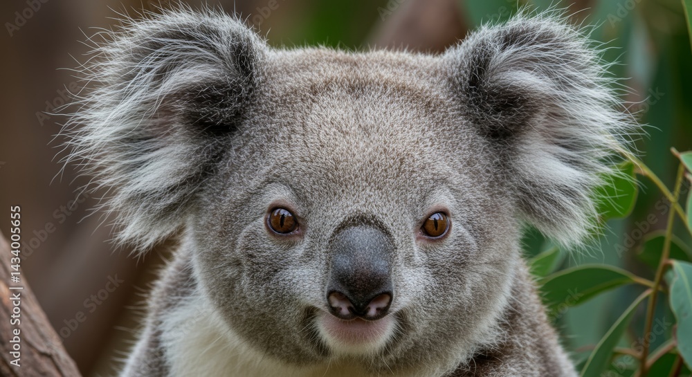 Fototapeta premium Close up portrait of a fluffy koala bear staring intently ahead