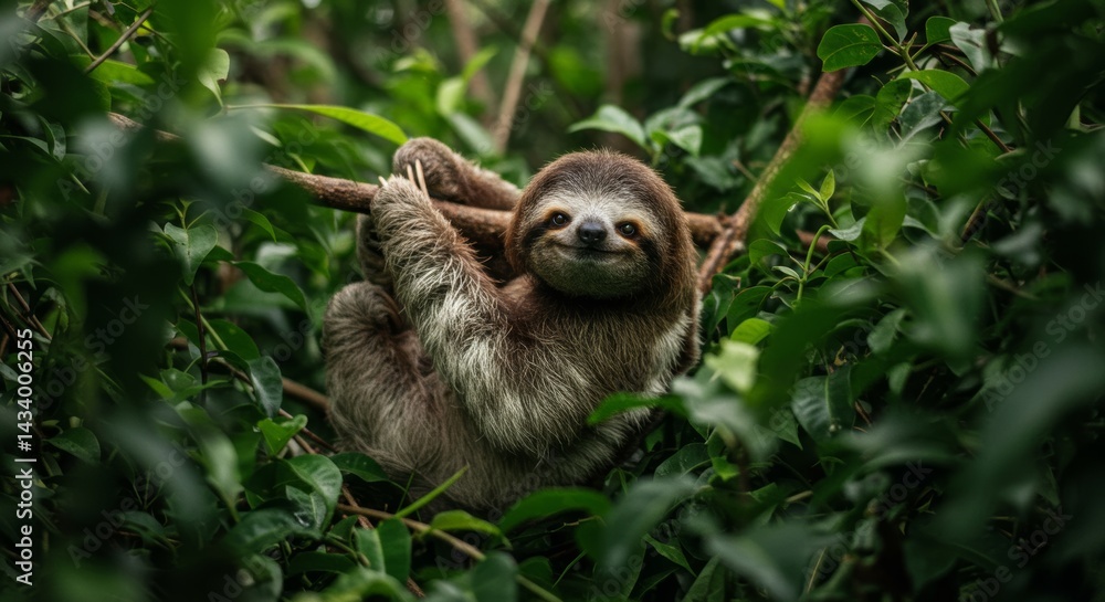 Fototapeta premium Captivating sloth suspended from a branch amidst dense foliage expressing peacefulness