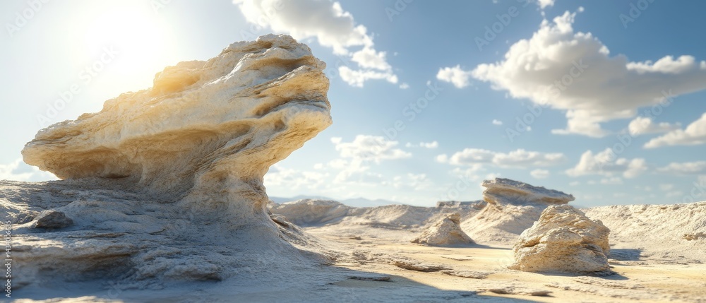 A rocky desert landscape with a large rock in the foreground