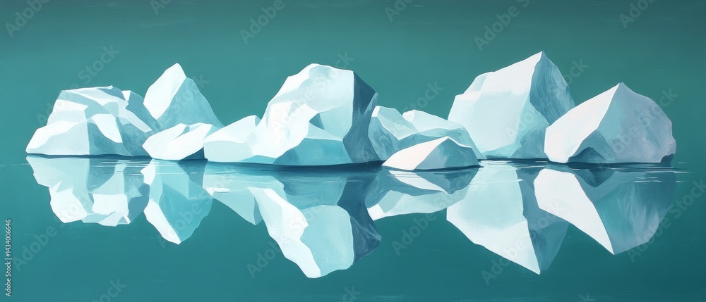 A painting of a large group of ice blocks floating in the water