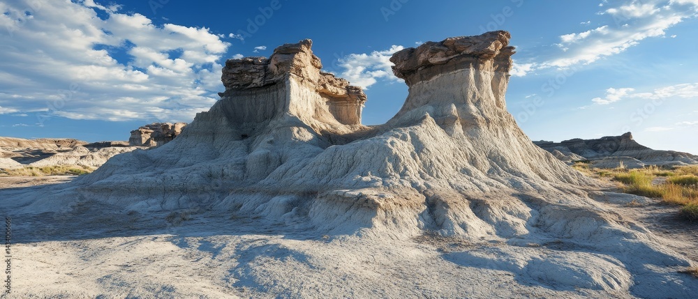 A rocky, barren landscape with a few small hills and a large rock formation