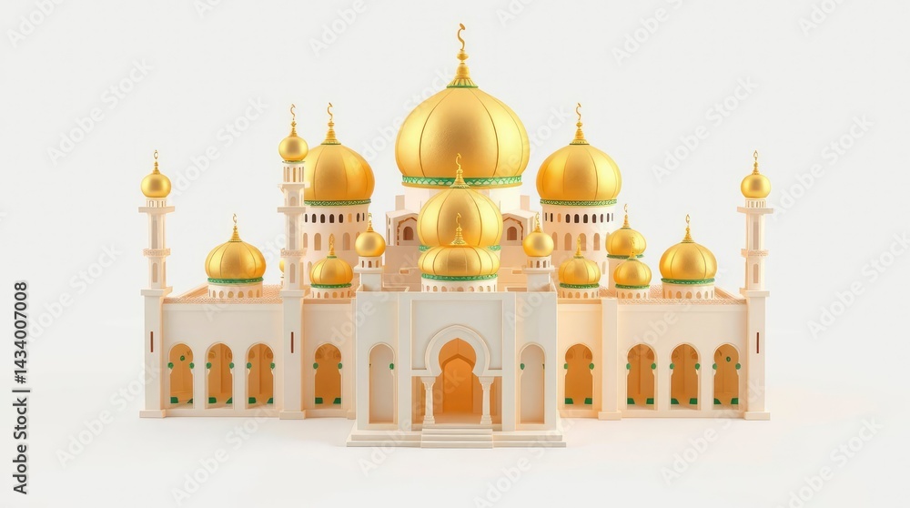 Obraz premium Rendering of a Mosque with Golden Domes on Neutral Background