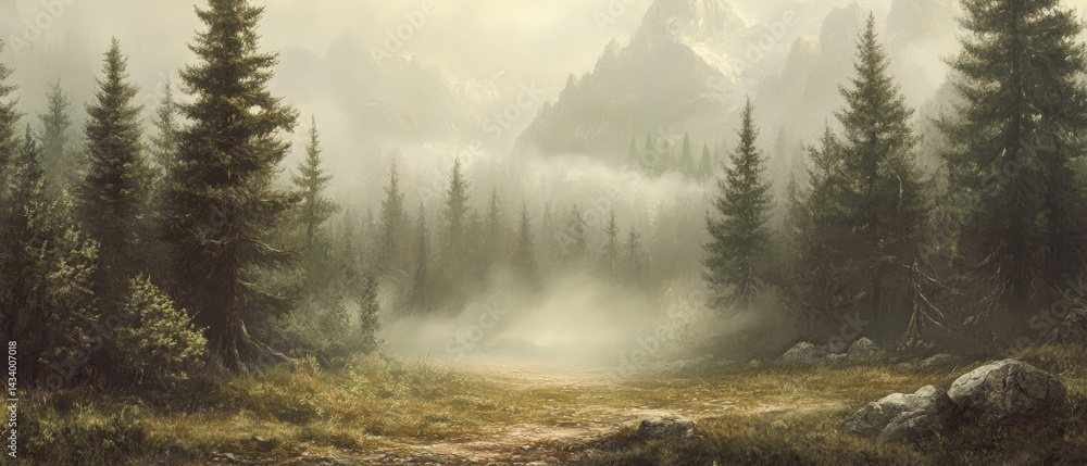 A forest with a foggy mist and a few trees