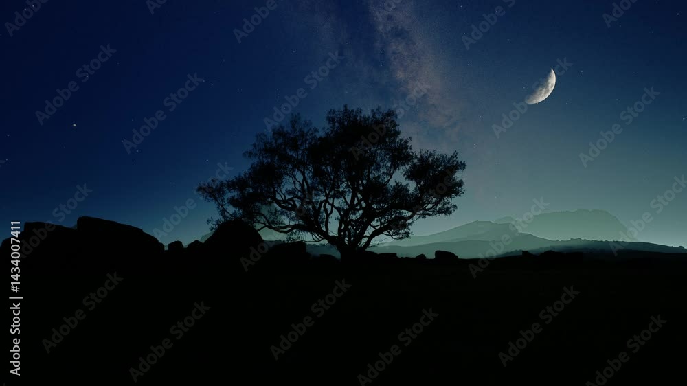 Serene and Tranquil Night Landscape Accompanied by Moonlight and Glimmering Stars Above Serene and Tranquil Night Landscape Accompanied by Moonlight and Glimmering Stars Above