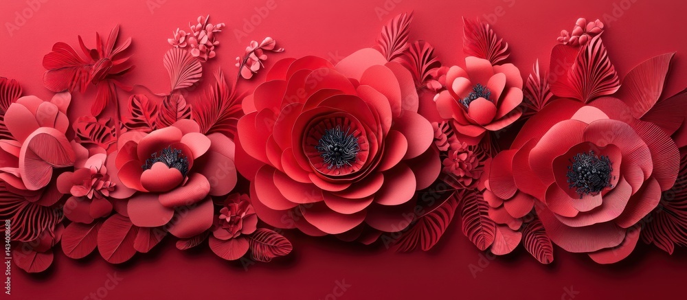 Naklejka premium Red Paper Flowers Arrangement on Red Background