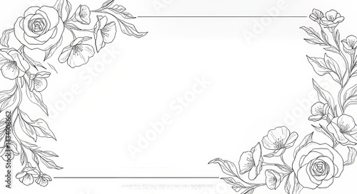 Fototapeta Naklejka Na Ścianę i Meble -  Elegant Floral Frame with Delicate Rose and Blossom Line Art Illustration