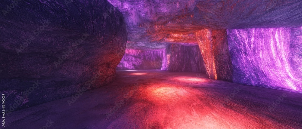 A cave with purple and red walls and a floor
