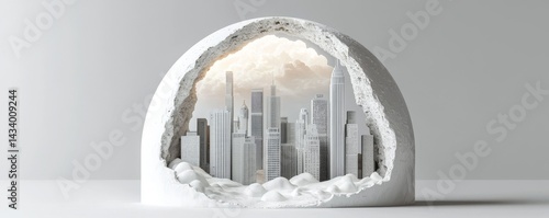 A breathtaking cityscape encapsulated within a snow globe, showcasing modern architecture.