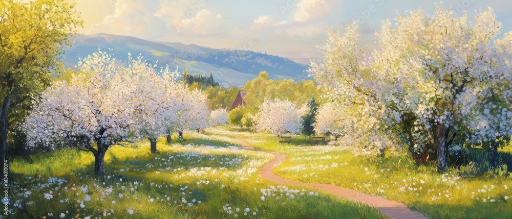 A painting of a field of flowers with a path leading through it