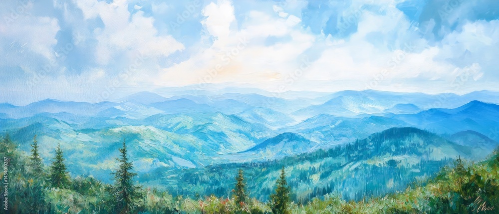 A painting of a mountain range with a blue sky