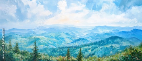 A painting of a mountain range with a blue sky