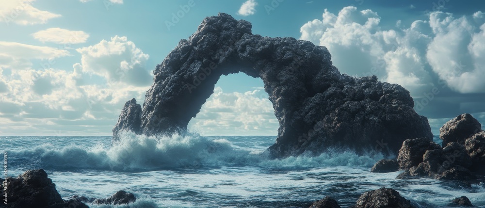 A large rock archway is in the ocean with a wave crashing over it