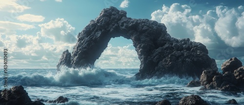 Obraz na płótnie A large rock archway is in the ocean with a wave crashing over it w salonie