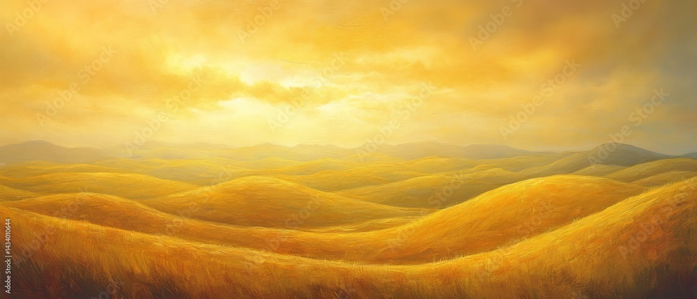 A painting of a yellow field with mountains in the background