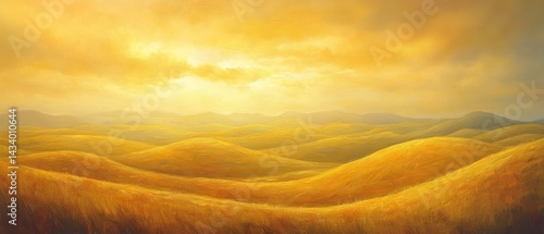 Obraz na płótnie A painting of a yellow field with mountains in the background w salonie