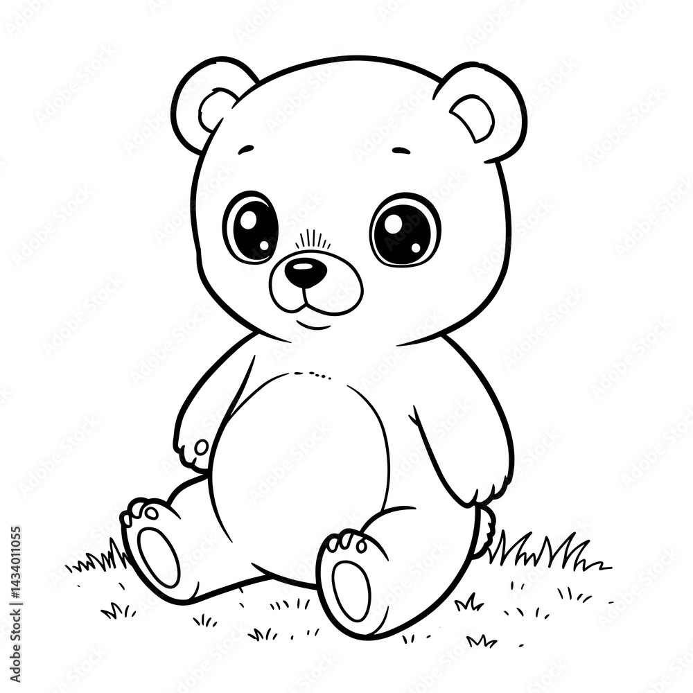 Cute bear character sitting on grass in a simple style Cute bear character sitting on grass in a simple style