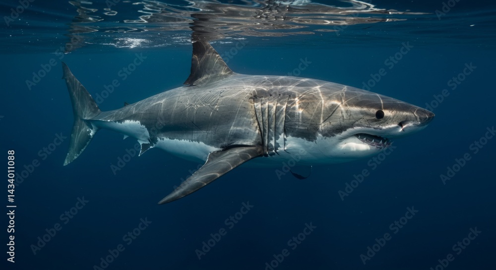 Naklejka premium Great white shark underwater portrait swimming in crystal clear ocean