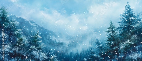 A painting of a snowy forest with trees and a blue sky