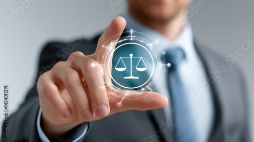 Justice in Hand: A sharp-dressed professional delicately interacts with a digitally rendered scales of justice icon, symbolizing fairness and the pursuit of equitable outcomes.