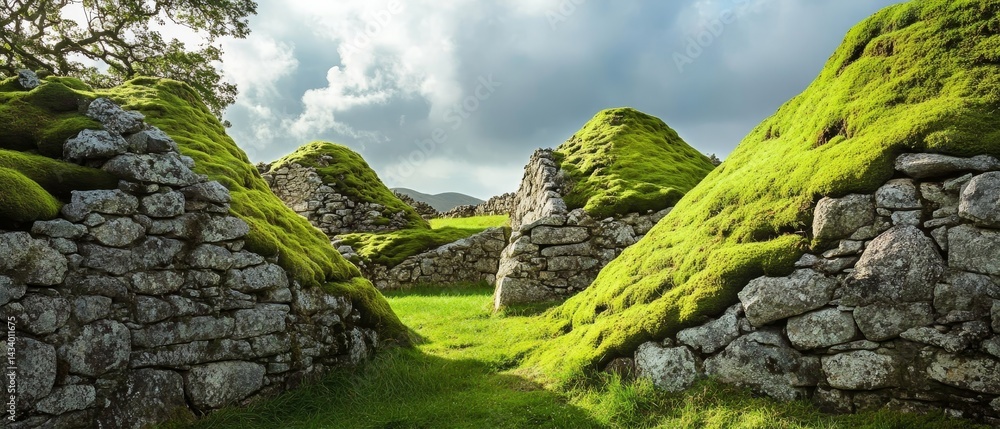 A grassy hillside with a stone wall and a stone building
