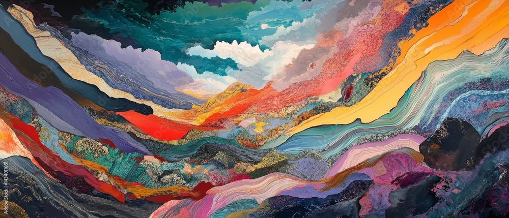 A painting of a mountain range with a blue sky in the background