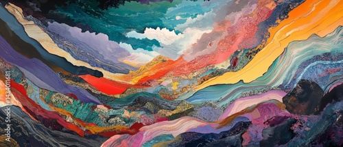 A painting of a mountain range with a blue sky in the background