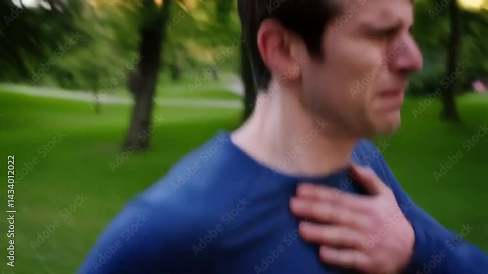 A male runner experiencing a sharp pain in his right side during a morning run in a park A male runner experiencing a sharp pain in his right side during a morning run in a park