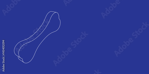 The outline of a large dog bone symbol made of white lines on the left. 3D view of the object in perspective. Vector illustration on indigo background