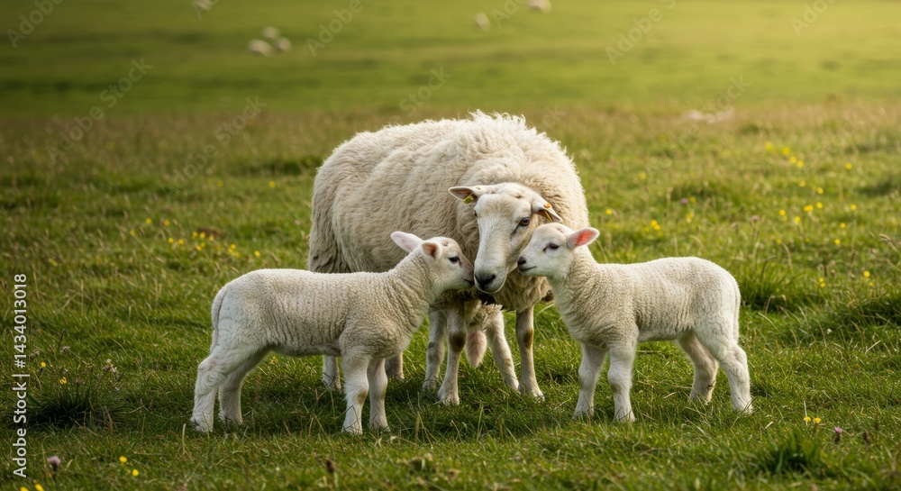 Ewe and Lambs Grazing Peacefully in a Green Meadow Springtime Scene Ewe and Lambs Grazing Peacefully in a Green Meadow Springtime Scene