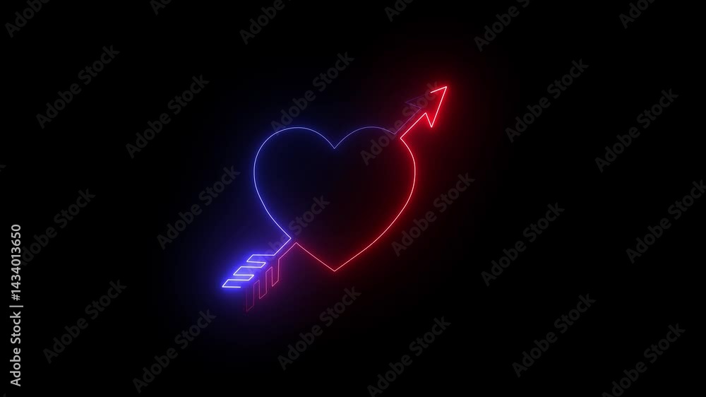 Neon heart animation, red and blue color flicker. Glowing neon heart icon with cupid arrow. heart love sign symbol icon on dark black background. Neon heart animation, red and blue color flicker. Glowing neon heart icon with cupid arrow. heart love sign symbol icon on dark black background.
