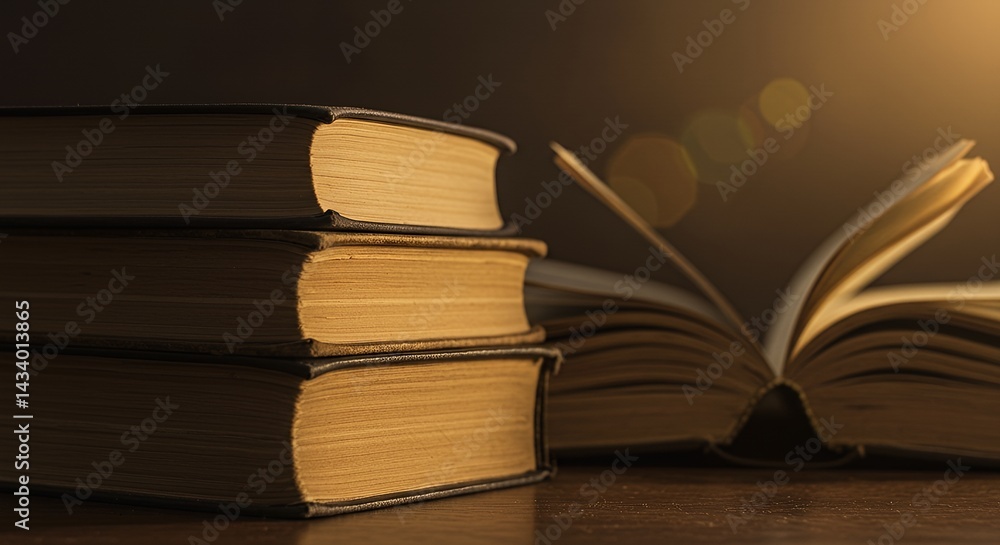 Fototapeta premium Books on Wooden Table with Open Book and Warm Light