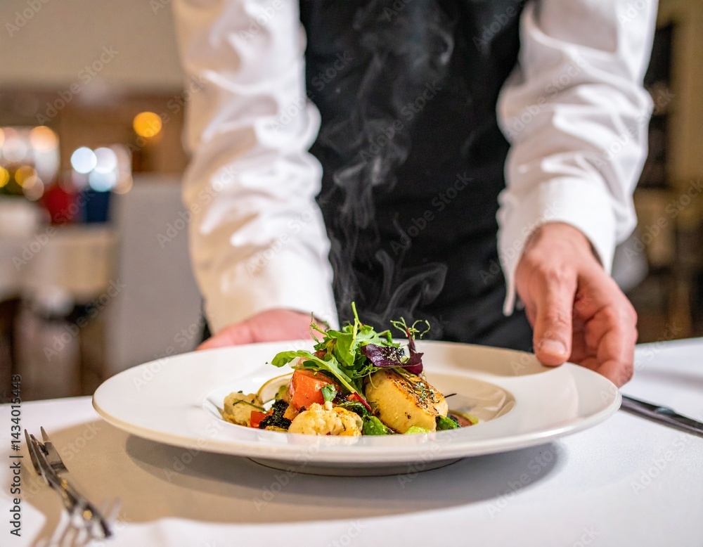 Close-Up of Gourmet Dish Being Served by Waiter Close-Up of Gourmet Dish Being Served by Waiter