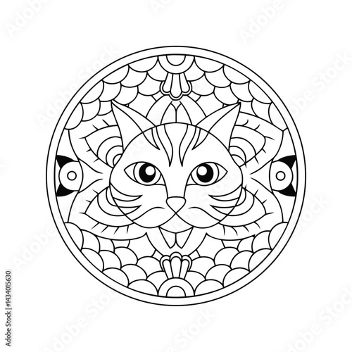 Detailed cat illustration within ornate circular frame pet design black and white artistic drawing