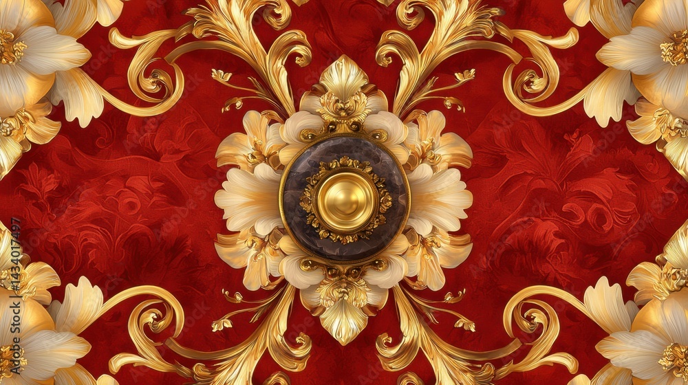 Regal wallpaper-style damask pattern with gold curves on deep red base Regal wallpaper-style damask pattern with gold curves on deep red base