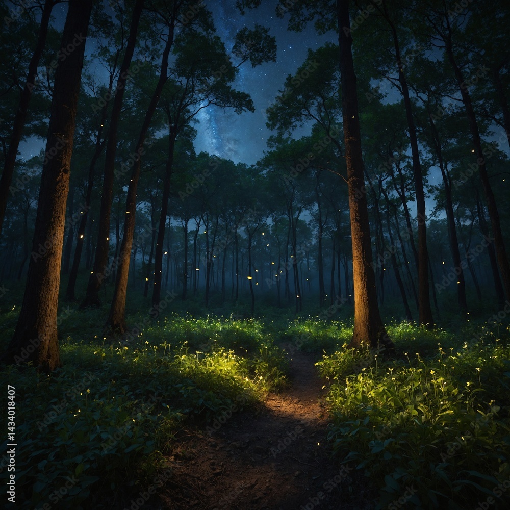 Fototapeta premium A hidden forest where fireflies guide lost travelers to a magical realm.