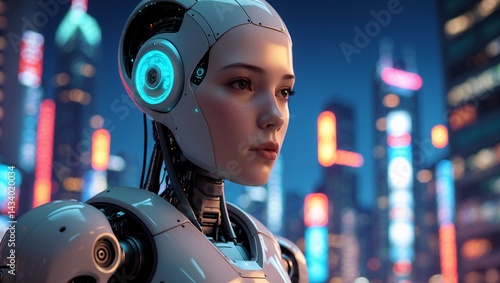 Humanoid robot guardian in lively night cityscape