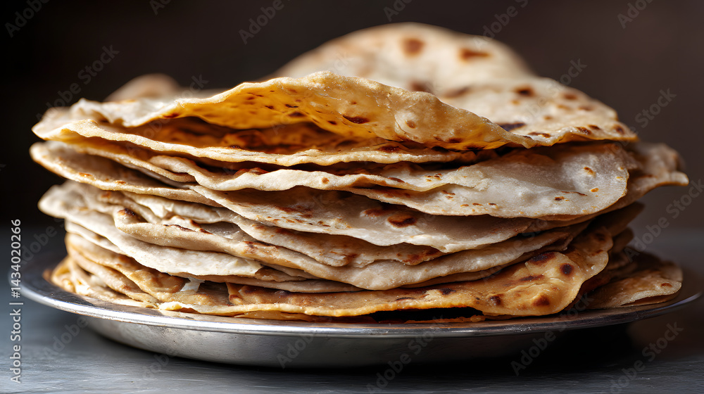 Stack of Freshly Made Roti on a Silver Plate with Soft Texture and Golden Brown Color Displayed Stack of Freshly Made Roti on a Silver Plate with Soft Texture and Golden Brown Color Displayed