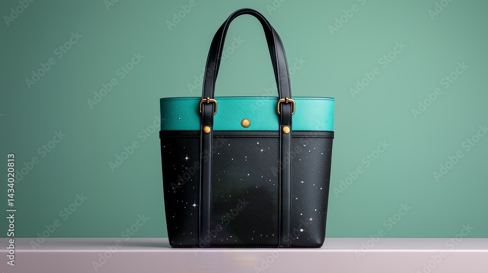 Black and green purse with a star pattern on it. The purse is sitting on a table Black and green purse with a star pattern on it. The purse is sitting on a table
